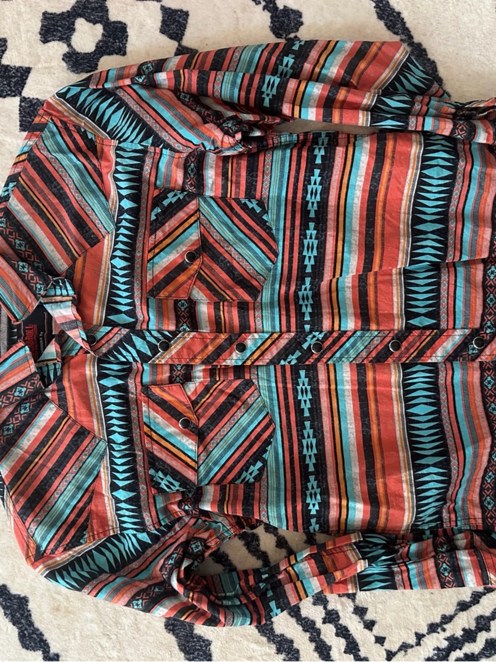 Southwestern Striped Button-Up Shirt in Orange & Teal